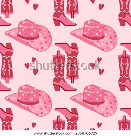 Cute pink seamless pattern with retro cowgirl hats and cowboy boots. Background, print for girls. Vector