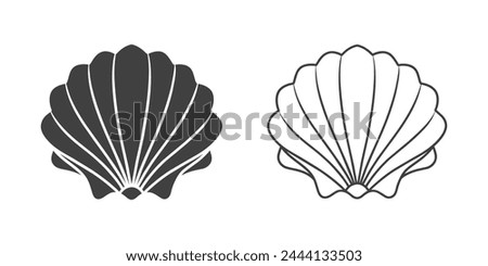 Scallop seashell logo. Isolated silhouette and contour drawing of a scallop on a white background. Vector