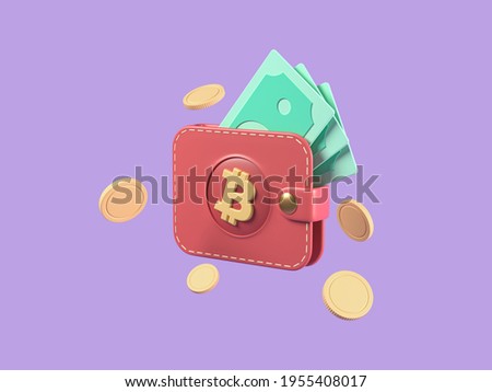 Brown bitcoin wallet with coins and cash isolated on purple background. online shop, finance, banks, money-saving, cashless society concept. 3d render illustration