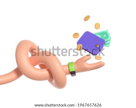 3d render, abstract cartoon character flexible knotted caucasian hand, boneless funny body part concept, catches a wallet with money, isolated on white background. Surrealistic clip art