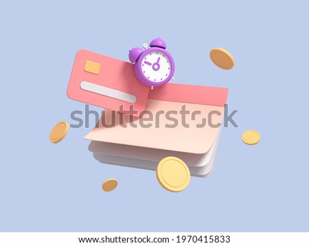 Flying calendar, checkbook, with coins, alarm clock and credit card on blue isolated background symbolizing quick loan. Fast money concept. 3d render
