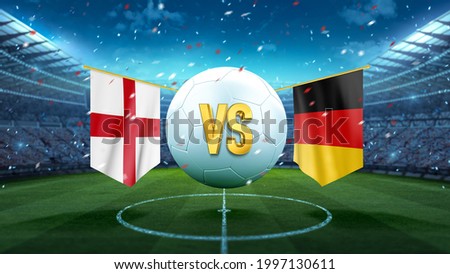 England vs Germany. Soccer concept. White soccer ball with the flag in the stadium, 2021. 3d render
