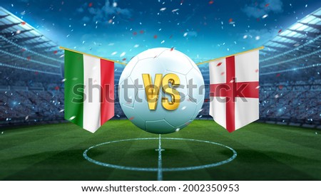 Italy vs England. Soccer concept. White soccer ball with the flag in the stadium, 2021. 3d render
