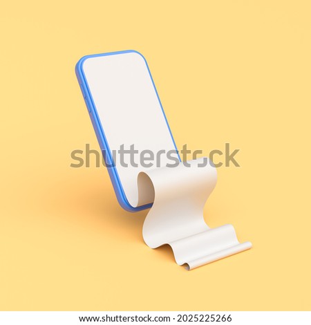 Mobile phone with paper financial bill in front and angle view. Concept of online payment, digital invoice and paycheck. Realistic mockup of smartphone with blank check tape. 3d render