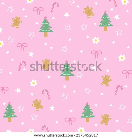 Christmas pastel pink background with Teddy Bear, gingerbread man, xmas tree for winter wallpaper, festive banner, gift wrap, card, ad template, print, packaging, frame, backdrop, social media post