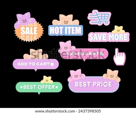 Cute sale badge designs with cat including Hot Item, Add to Cart, Save More, Best Offer, Best Price for online shopping, marketing, promotion, pastel sticker, banner, button, campaign, print, ad, icon