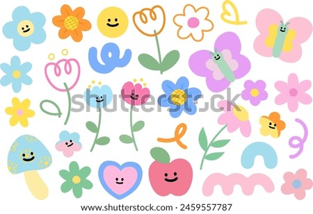 Pastel blossom illustrations such as flowers, butterfly, mushroom, apple, smiles, tulip, confetti for spring, summer, picnic, stickers, logo, icon, font, floral print, plush toy, doll, cartoon, kids