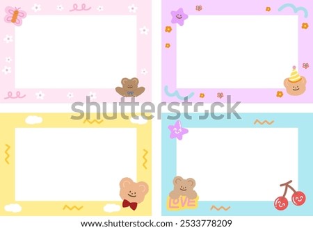 Cute pastel frame set with teddy bear, cherry, star for background, wallpaper, backdrop, polaroid frame, photo card, banner, rectangle ad template, animal print, zoo, souvenir shop, birthday card