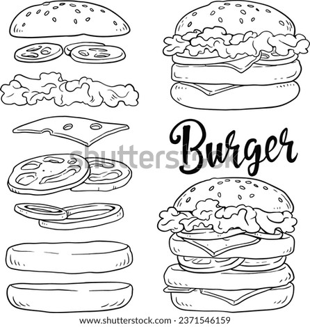 Double and classic burger with flying ingredients include bun, tomato, salad, cheese, onion, cucumber. Best burger lettering. Illustration isolated on white background. line vector set 