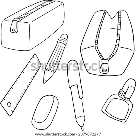 set of stationery, pen, pencil, eraser, ruler, correction fluid, pencil box. illustrations, line vector set 