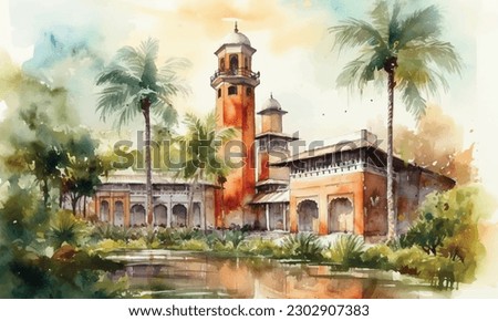 Watercolor Marrakesh skyline mosque, university, masjid, Mazar, abstract, Islamic and Amina painting Abstract background.