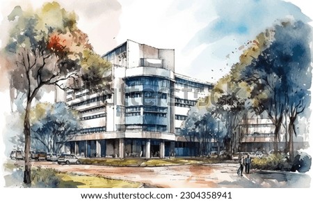 Colorful university building watercolor painting Abstract background.