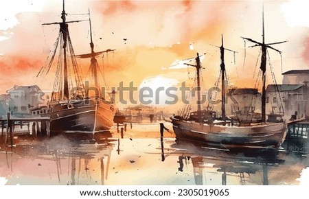 Sunset over the river and ship watercolor painting Abstract background. 