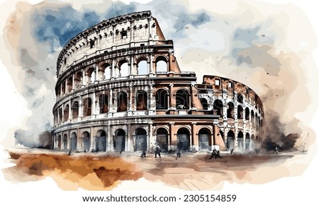 Colosseum Rome city watercolor painting Abstract background. 