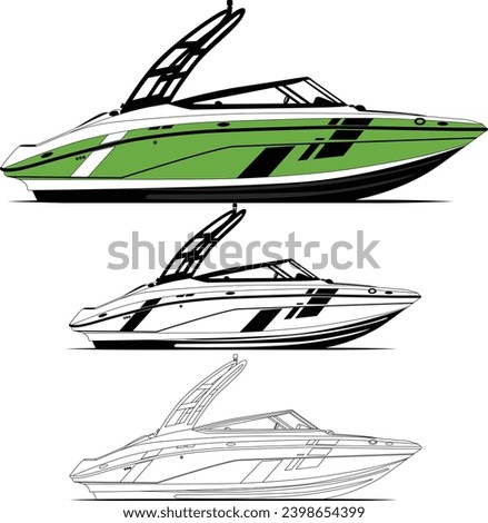 Vector, line art and color image of jet motor boat on a white background