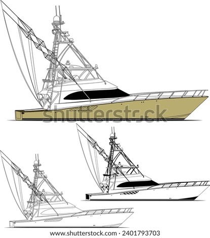 Sport fishing boat vector line art illustration and one-color	