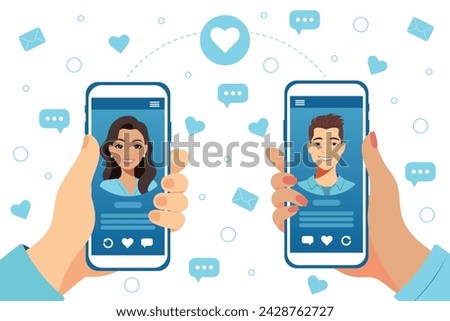 Dating service app concept on phone screen. Man and woman holding smartphones with each other profile. Virtual relationship, acquaintance in social network. Vector illustration in flat style.