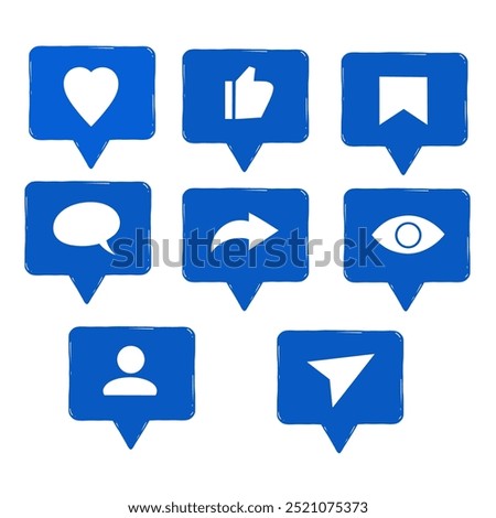 Set of blue Social media button, Message, like, send, save icon . Follow, heart, comment, share app interface with transparency details