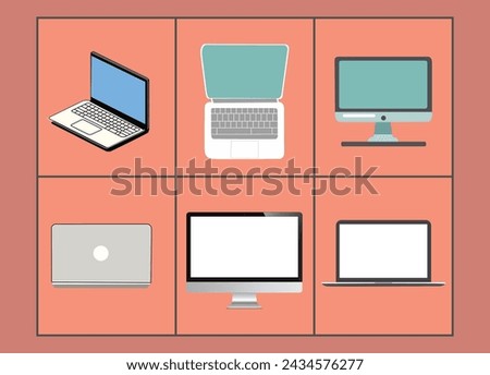 Modern Technology Workspace: Laptop and Desktop from Unique Angles. Vector Illustration for Tech Concepts, Web Design, and Digital Workspaces. Flat Design Elements for Creative Projects. SEO-friendly 