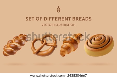 A Set of Delicious Baking 3D Vector Bread: Cinnamon Roll, German Pretzel, Challah Bread, Croissant