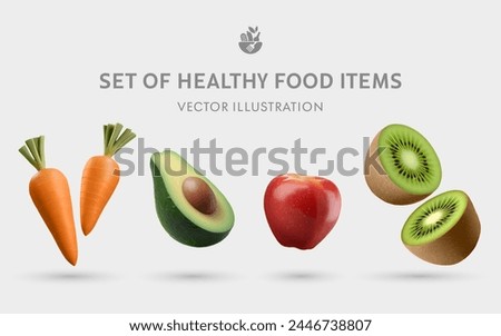 A Set of Healthy Food 3D Vector Props: Carrot, Avocado, Apple, Kiwi