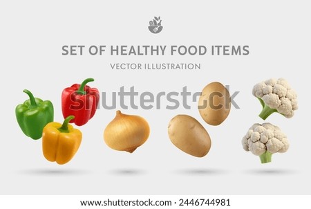 A Set of Healthy Food 3D Vector Items: Pepper, Onion, Potato, Cauliflower