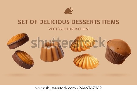 A Set of Delicious Desserts 3D Vector Items: Cookie, Canelé, Madeleine, Cupcake