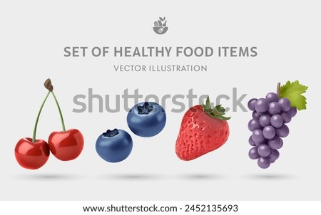 A Set of Healthy Food 3D Vector Items: Cherry, Blueberry, Strawberry, Grapes