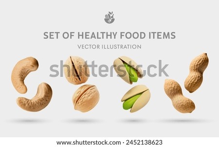 A Set of Healthy Food 3D Vector Items: Cashew, Walnut, Pistachio, Peanut