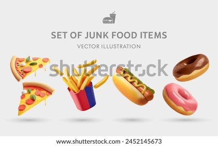 A Set of Junk Food 3D Vector Items: Pizzas, Fries, Hot Dogs, Doughnuts