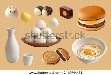 A Set of Moon Festival food 3D Vector Items: Yōkan, Monaka, Tsukimi Burger, Tsukimi Udon, Tsukimi Danko, Seisyu, Bunny Rice Cake