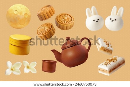 A Set of Moon Festival food 3D Vector Items: Moon, Osmanthus, Osmanthus Jelly, Mooncake, Bunny Rice Cake, Gift, Teapot