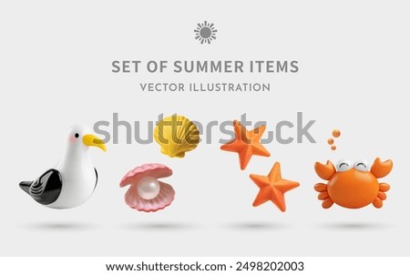 A Set of Summer 3D Vector Items: Seagull, Seashell, Pearl Oyster, Starfish, Crab