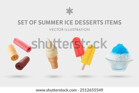 A Set of Summer Ice Desserts 3D Vector Items: Ice Manias, Soft Serve, Popsicle, Shaved Ice