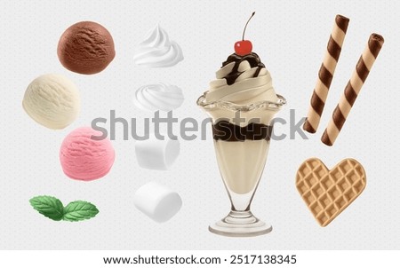 A Set of 3D Vector Ice Cream Dessert Items: Chocolate Sundae, Ice Cream, Whipped Cream, Chocolate Wafer Rolls, Mint Leaves, Marshmallow, Heart-shaped Wafer Cookie