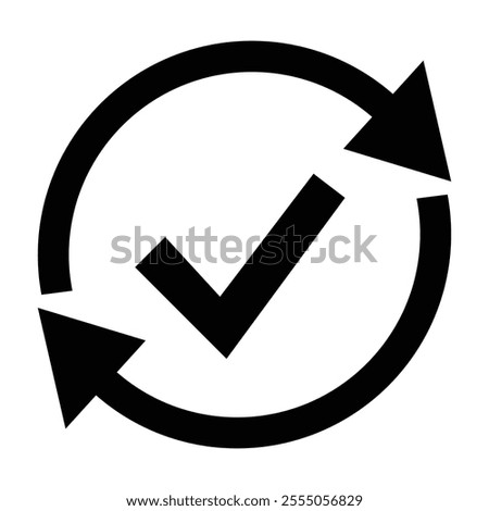 Black and white icon with a circular arrow pointing to a checkmark, symbolizing sync, approval, and efficiency. Black round checking process sync approved icon. Vector