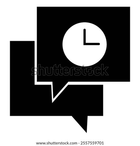 Minimalist icon design, speech bubble with clock, black and white graphic, time management concept, conversation timing, schedule discussion, simple geometric shapes, clean lines, stark contrast.