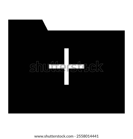 Black folder icon, white plus sign, minimalist design, high contrast, simple graphic, digital icon, flat design, file management symbol.