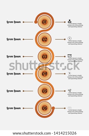 The figure is an infographics of six yellow-brown waves of circles and a curved wave, rotated vertically, with icons, numbers, an example of text decoration. Infographics in six steps.