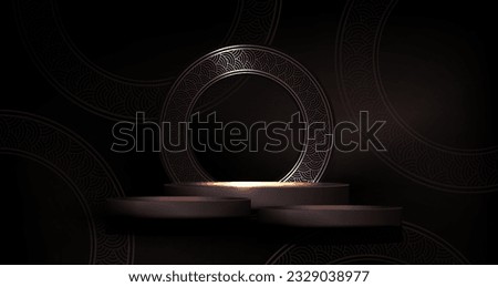Dark postcard with a round frame, a round podium with bright illumination