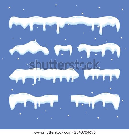 Set of white snowy cape set collection on blue background, snowdrifts set, Winter element, border frame snow decoration. cartoon flat decoration with snowflakes, icicles isolated on blue.