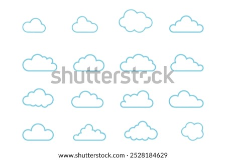 cloud shape icon, simple outline cloud design, Outline cartoon 
flat style clouds icon collection. Weather forecast logo symbol. 
Vector illustration image. Isolated on white background.
Rain and ligh