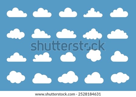 cloud shape icon, simple outline cloud design, Outline cartoon 
flat style clouds icon collection. Weather forecast logo symbol. 
Vector illustration image. Isolated on white background.
Rain and ligh