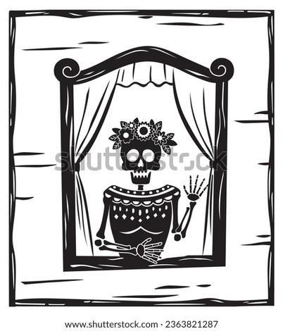 Woman skull with flowers on the window. Skull bride. Illustration woodcut or lino print style