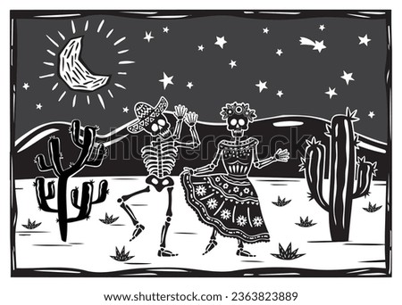 Skull couple dancing in a desert landscape, with cactus in te moonlight, for Halloween or DIA DE LOS MUERTOS. Vector woodcut or lino print style