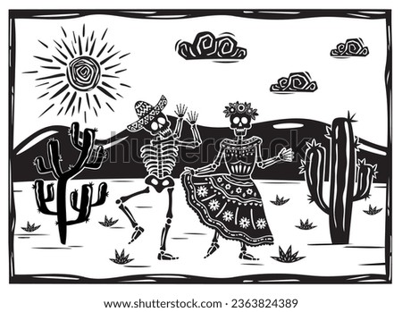 Couple of skulls dancing in a desert landscape, with cactus and scorching sun. Vector woodcut or lino print style