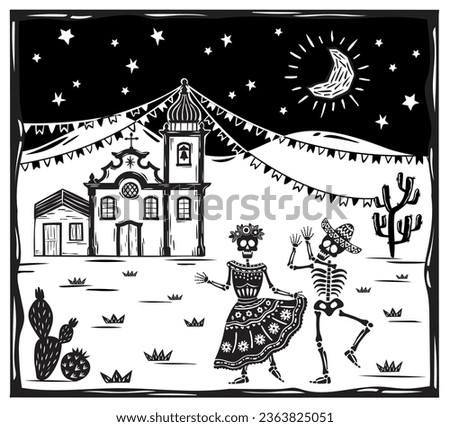 Skull couple dancing in a village with church. DIA DE LOS MUERTOS celebration. Party in a night with moon and stars. Vector woodcut or lino print style