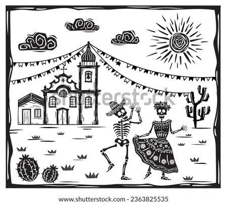 Skull couple dancing in a village with church. DIA DE LOS MUERTOS celebration. Party on a sunny day. Woodcut style or lino print. Vector ilustration