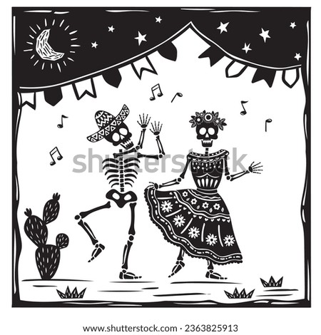 Couple of skulls dancing. Man with sombrero and woman with dress and flowers on head.for Halloween or DIA DE LOS MUERTOS. Vector woodcut or lino print style