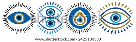 Mystical evil eyes. Esoteric blue talisman in doodle style. Ethnic lucky amulet. Set of vector illustrations